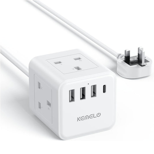 Cube Extension Lead with 4 USB Slots, Kemelo 4 Way (13A/3250W) Multi Plug Extension Cable with Child Safety UK Desktop Power Extension Socke