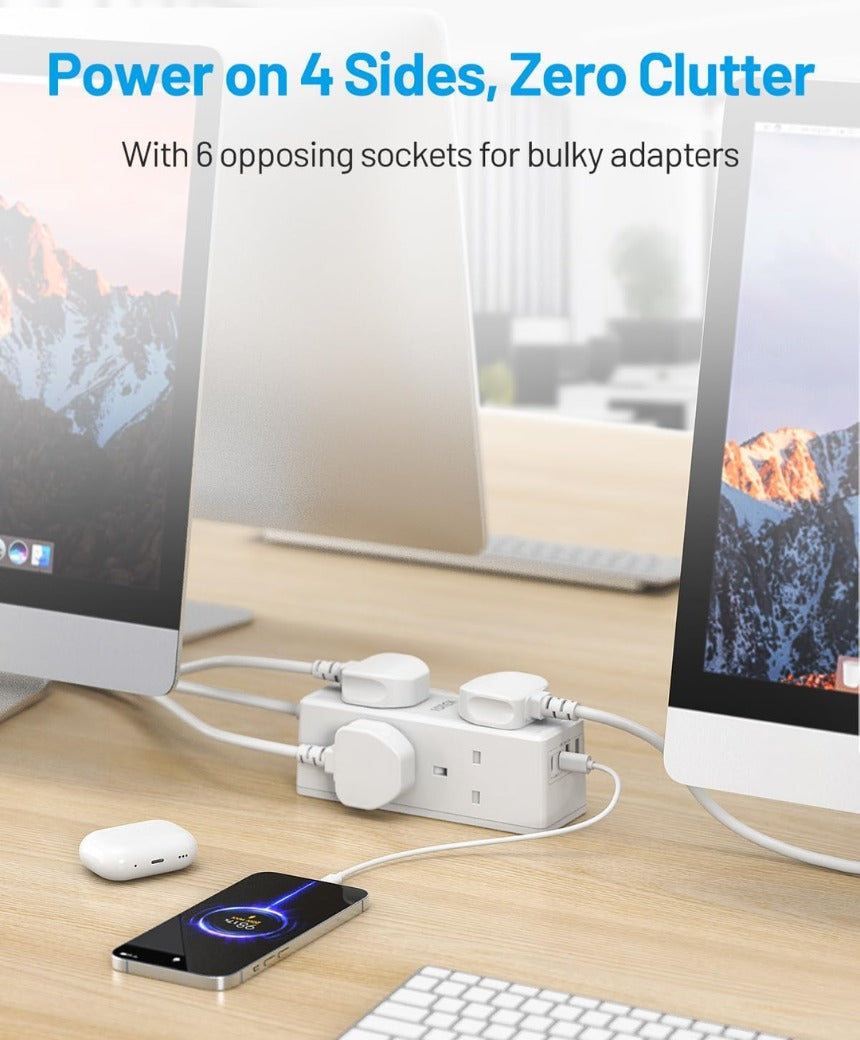 6 Way Extension Lead 3M with USB Slots, FDTEK Desk Power Strip with 2 USB-A and 2 USB-C Ports