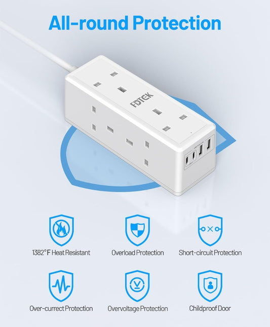 6 Way Extension Lead 3M with USB Slots, FDTEK Desk Power Strip with 2 USB-A and 2 USB-C Ports