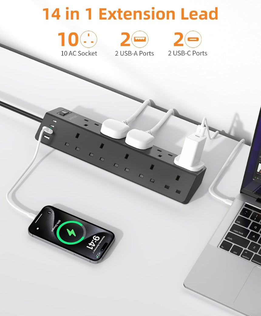 10 Way Extension Lead with USB Slots(2 USB C), ANVODE 14-IN-1 Plug Extension Socket with Switch