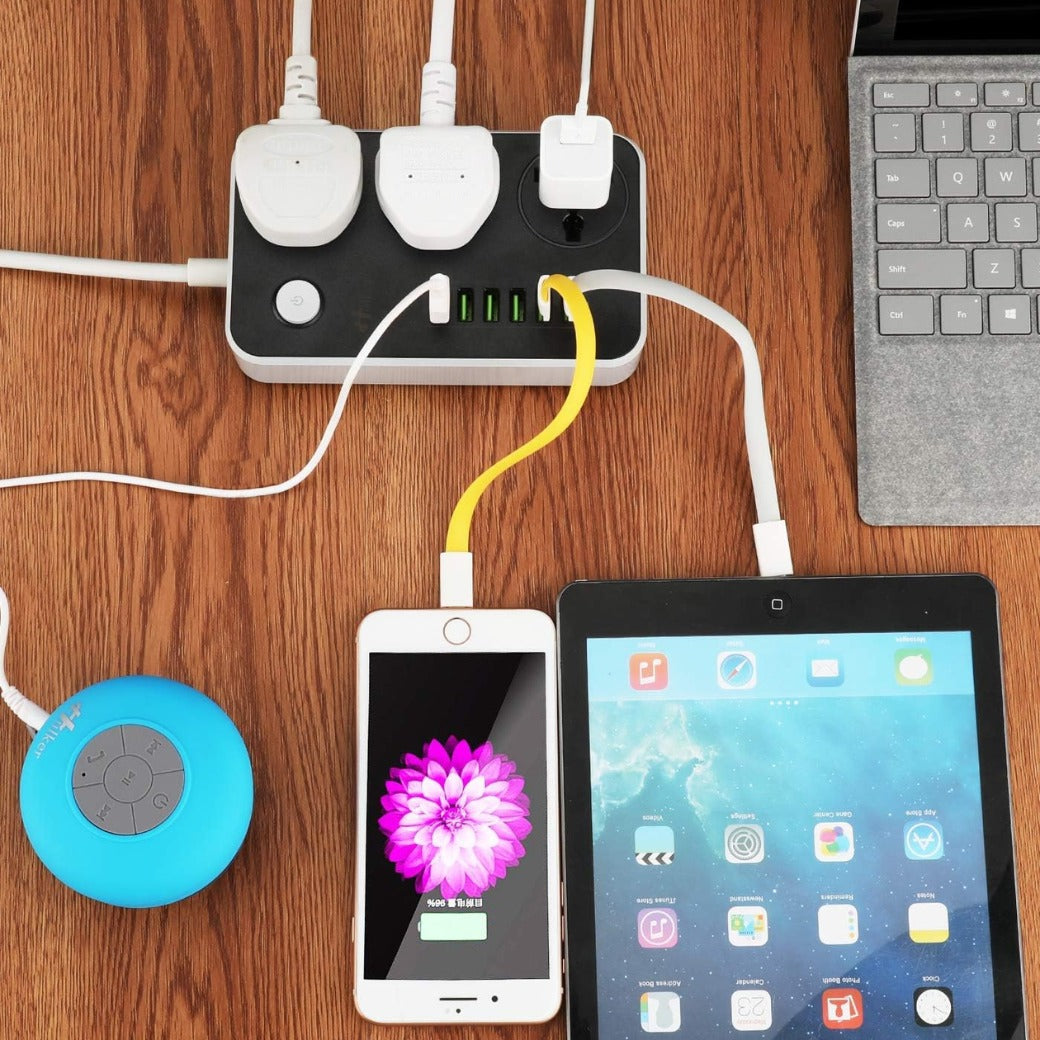 Extension Lead with USB Ports 3 Way Outlets 6 USB Ports Surge Protection UK Socket with Bold Extension Cord with Fuse and Shutter Power Strips Universal Socket, Black