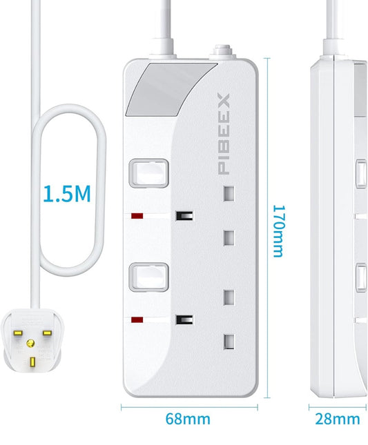 Extension Lead 2 Way Plug Sockets with Individual Switches Wall Mountable Power Strip 1.5M Extension Cable 13A Fused UK Plug 3250W