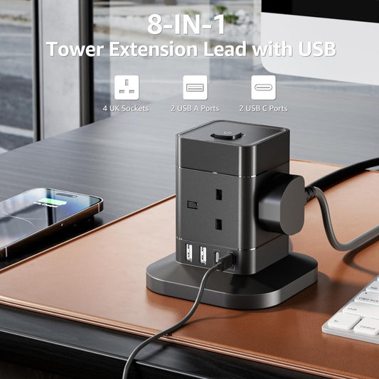 3M Cube Extension Lead with USB C, Hotimy 4 Way Plug Extension Socket with 4 USB (2 USB A & 2 USB C)