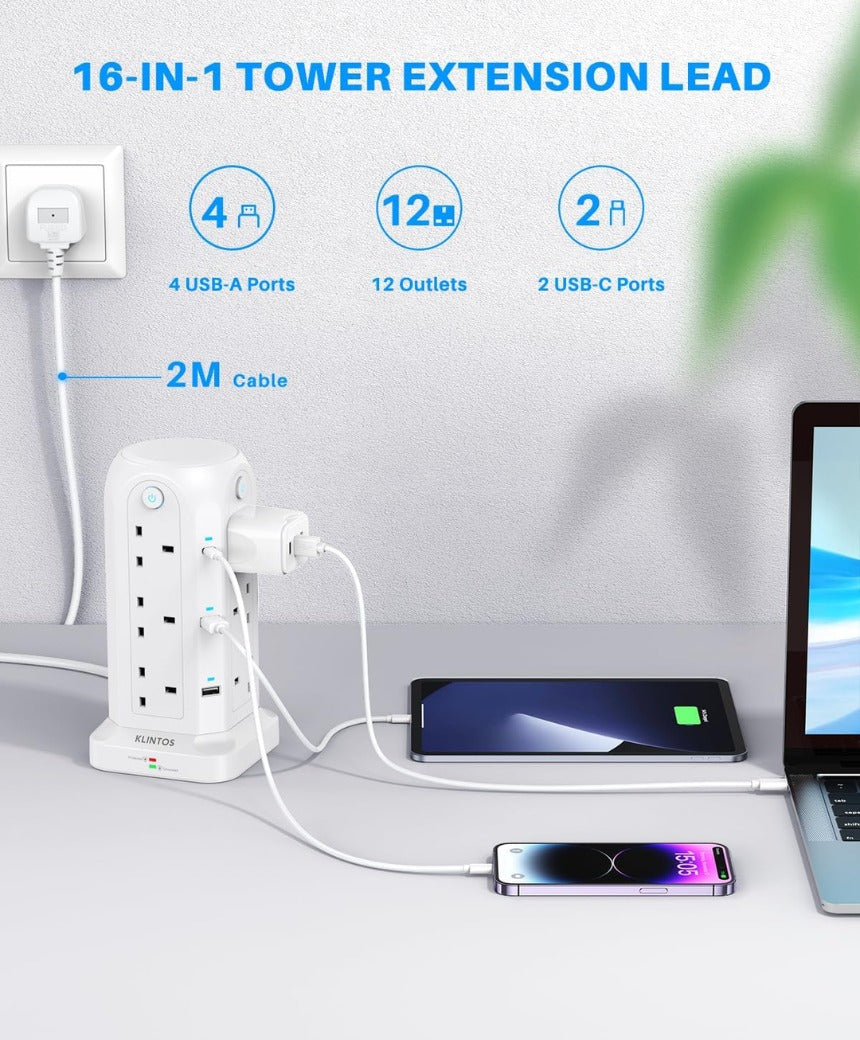 Tower Extension Lead with USB Slots【2 USB C & 4 USB A】, 1400J Surge Protected Extension Lead with Individual Switches