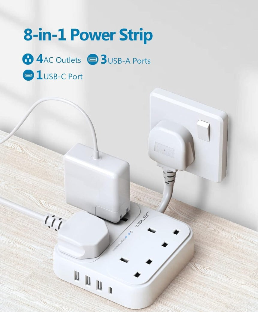 Plug Extension USB,Extension Lead with 4 USB Slots(3 USBA+1 USB C) Power Socket with 4 Way 4 USB Charging Station(17W) Power Strip Surge Protection for Home Travel,