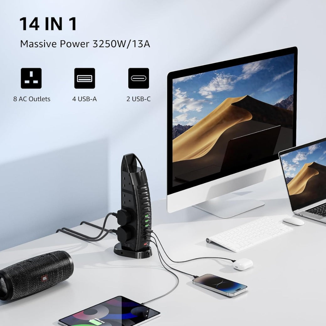 Tower Extension Lead with USB Slots 2M, 8 Way Outlets Multi Plug Extension Tower with 6 USB (2 Type C & 4 USB A Ports
