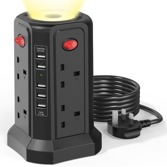 Tower Extension Lead with USB Slots and Night Light, (13A 3250W)5 USB Ports & 8 Way Socket Extension Tower,