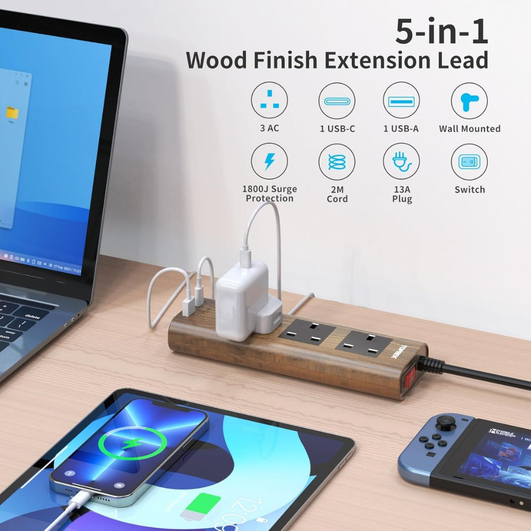 Wood Grain 3 Way Extension Lead with USB Slots, Surge Protection, ON/OFF Switch, 13A/3250W, Extension Cable 2M for Home Kitchen Office