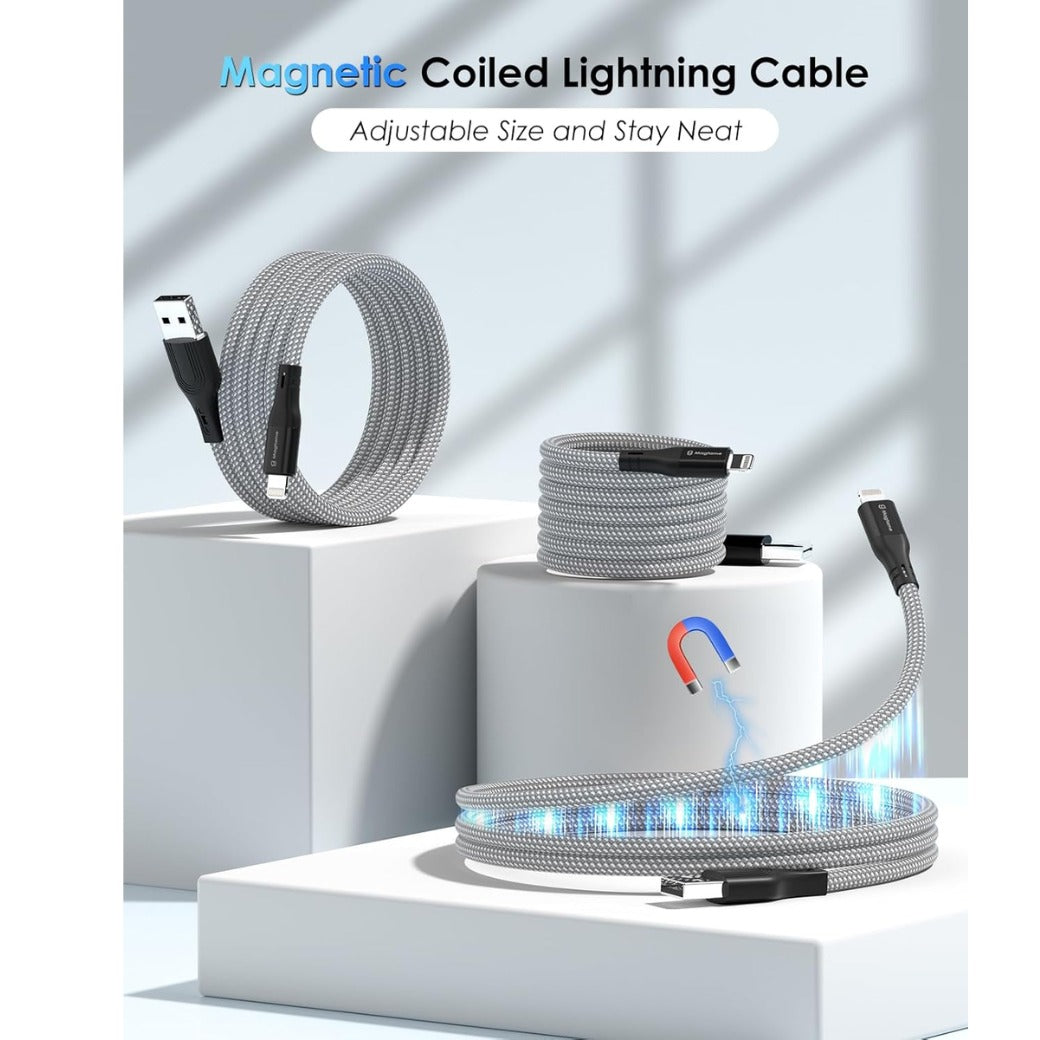 Magnetic Coiled iPhone Cord, 1M MFi Certified Lightning Cable Fast Charging
