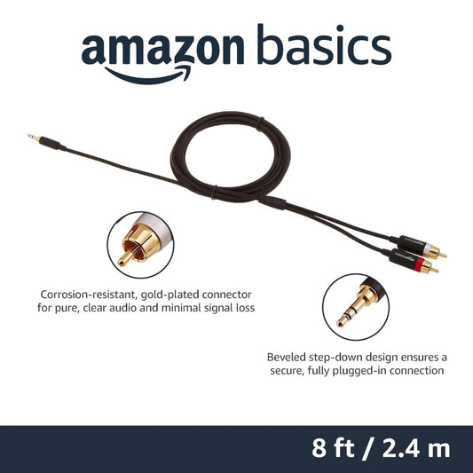 Amazon Basics 3.5 Aux to 2 x RCA Adapters, Audio Cable for Amplifiers, Active Speakers with Gold-Plated Plugs