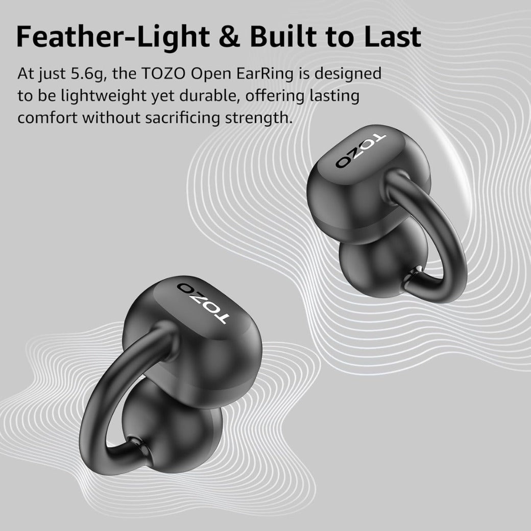 TOZO OpenEarRing Open Ear Headphones, Clip On Earphones, Lightweight Comfort, Wireless Open Ear Earbuds with Smart Digital Display, 40H Playtime, IPX5 Waterproof, Bluetooth 5.4, Custom EQ via App