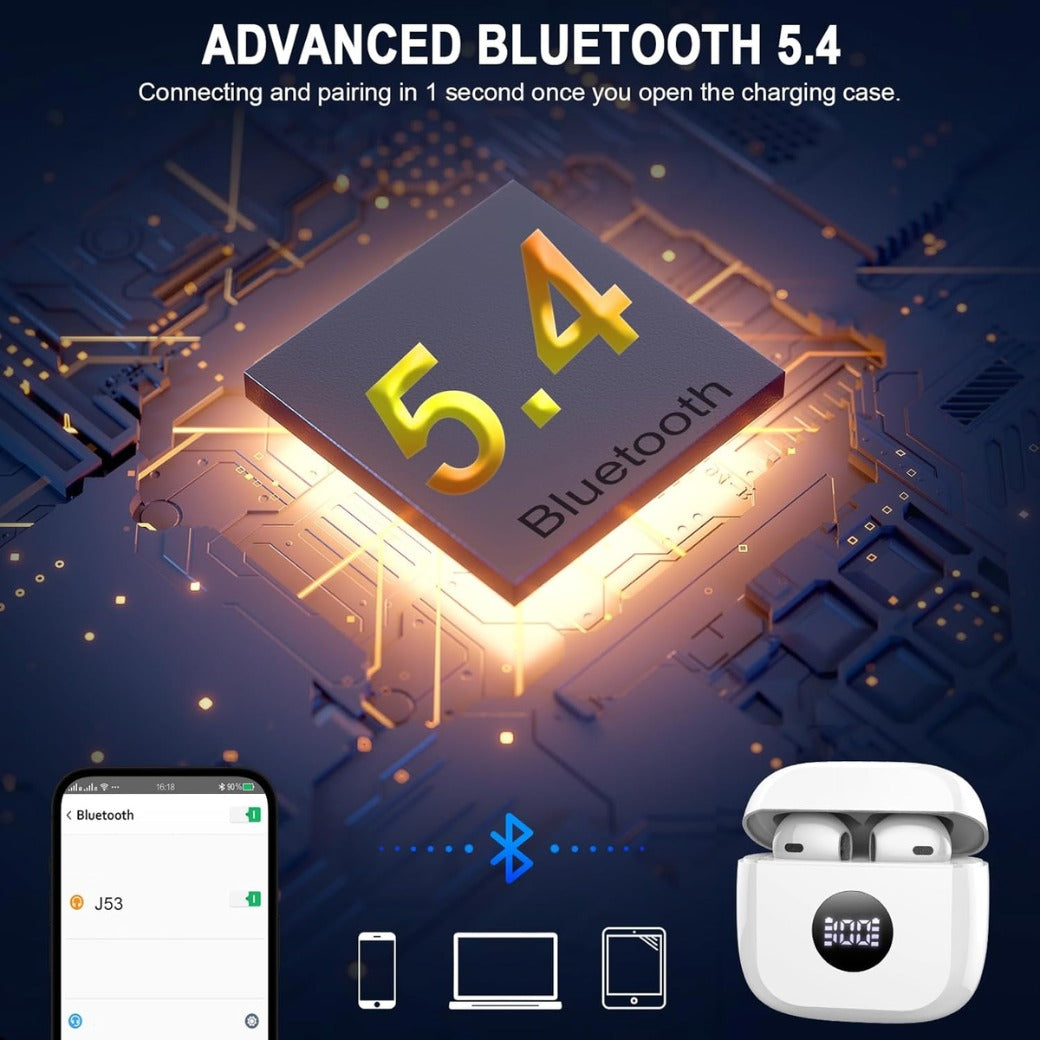 Wireless Earbuds, Bluetooth 5.4 Headphones in Ear with 4 ENC Noise Cancelling Mic, Bluetooth Earbuds 40Hrs Playtime, HiFi Stereo Deep Bass Wireless Earphones, IP7 Waterproof USB-C Fast Charge White
