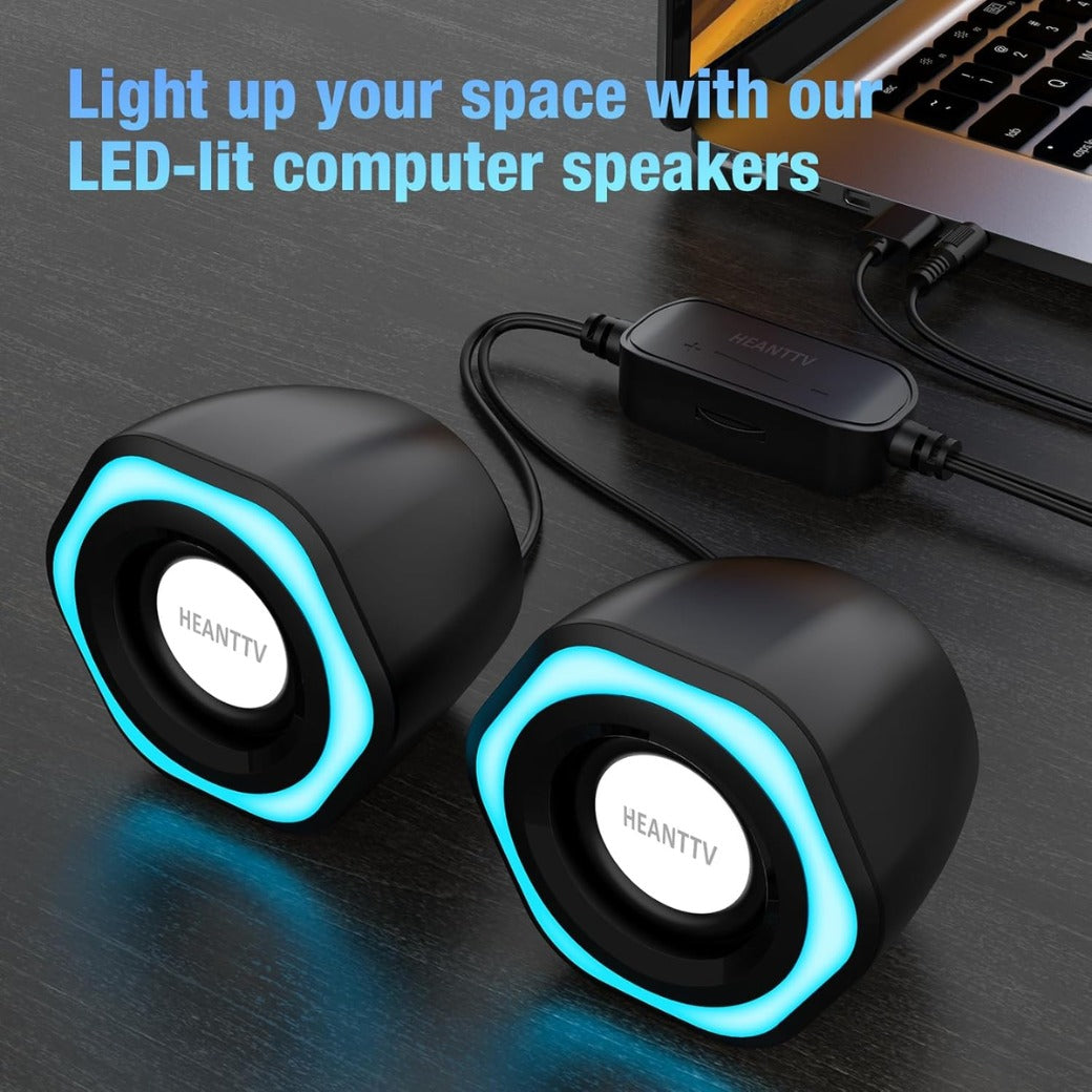 Computer Speaker, PC Speakers for Desktop Monitors, 2.0 Stereo Volume Control with LED Light, USB Powered & 3.5 mm jack, Perfect Multimedia Speakers for Monitors