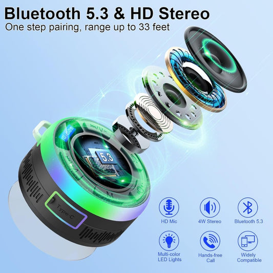 Bluetooth Shower Speaker with IPX7 Waterproof, Bluetooth Speaker with HD Stereo Sound, Built-in Mic Portable Wireless Speaker with Dynamic Lights 10H Playtime, for Outdoor Kitchen Gifts Golf, Black