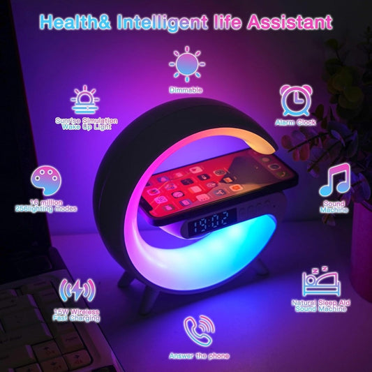 Wireless Speaker, G Shape Table Lamp,Atmosphere Night Light with Wireless Charging Function, Bedside Lamp with Alarm Clock & Charging Function,Gifts