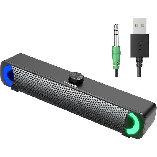 USB Computer Speaker, RGB Desktop Soundbar, Wired Sound Bar with Standard 3.5mm AUX jack and USB Interface, PC Speakers for Desktop, Laptop, MP4, Plug and Play