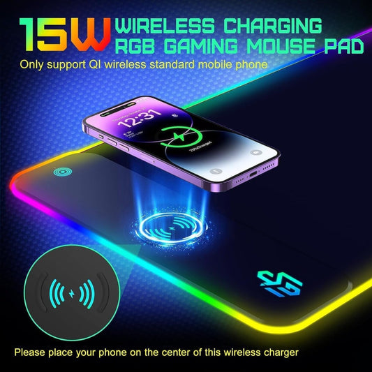 Wireless Charging RGB Gaming Mouse Pad 15W, LED Mouse Mat 800x300x4MM, 10 Light Modes Extra Large Mousepad Non-Slip Rubber Base Computer Keyboard Mat for Gaming, MacBook