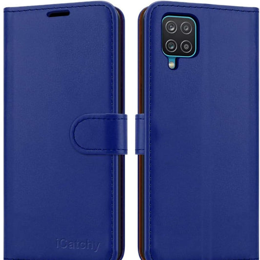 iCatchy For Samsung Galaxy A12 Case Leather Wallet Book Flip Folio Stand View Cover with Card Slots Compatible with Galaxy A12 5G (6.5'') (Blue)