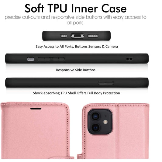 iPhone 12 / iPhone 12 Pro Leather Wallet Case, Flip Protective Case Cover with Wallet Card Holder, Stand and Wrist Strap - Pink PU Leather with Magnetic Closure for iPhone 12/12 Pro 6.1