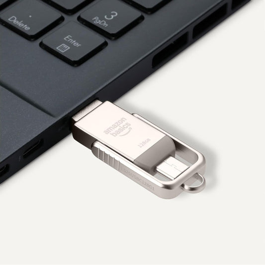 Basics USB Flash Drive, Thumb Drive Memory Stick with USB C and USB A Dual Ports, 128GB, Champagne Silver