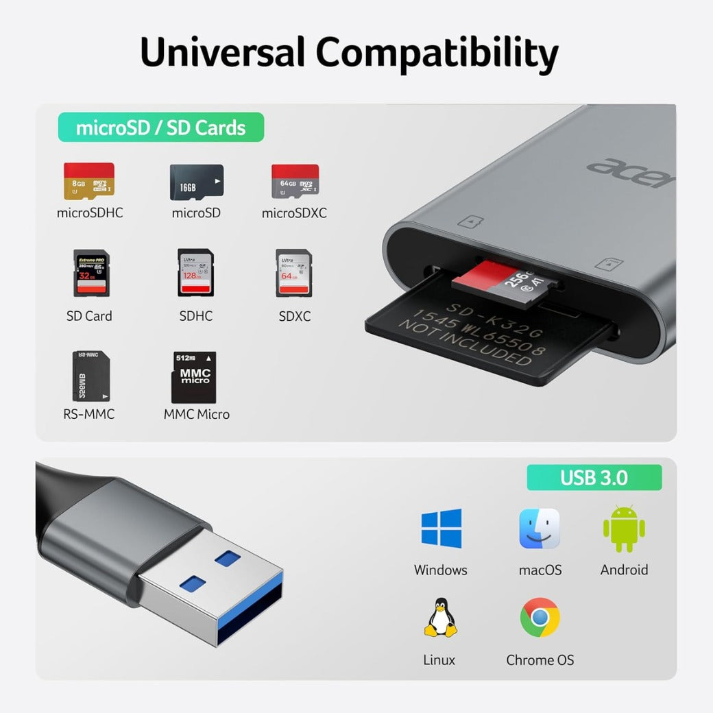 Acer SD Card Reader USB 3.0 with Cable, Aluminum Camera Memory Card Reader UHS-I, USB-A micro SD Adapter High Speed, Compatible with SDXC