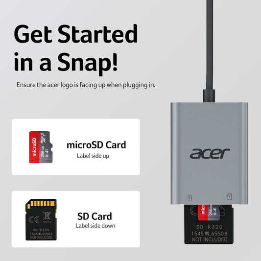 Acer SD Card Reader USB 3.0 with Cable, Aluminum Camera Memory Card Reader UHS-I, USB-A micro SD Adapter High Speed, Compatible with SDXC
