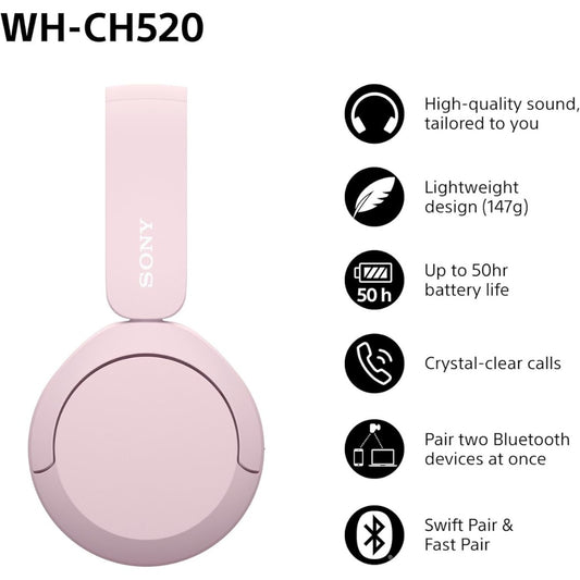 Sony WH-CH520 Wireless Bluetooth On-Ear Headphones, Sound, Lightweight Design, Up to 50hr Battery Life, Quick Charge, EQ, Clear Call Quality, iOS & Android - Pink