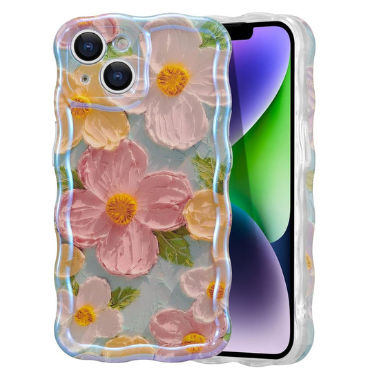 Case for iPhone 13, Colorful Retro Oil Painting Flower Laser Beam Glossy Pattern Cute Curly Waves Border Exquisite Phone Cover Stylish Durable Soft TPU Protective Case for Girls Women - Green