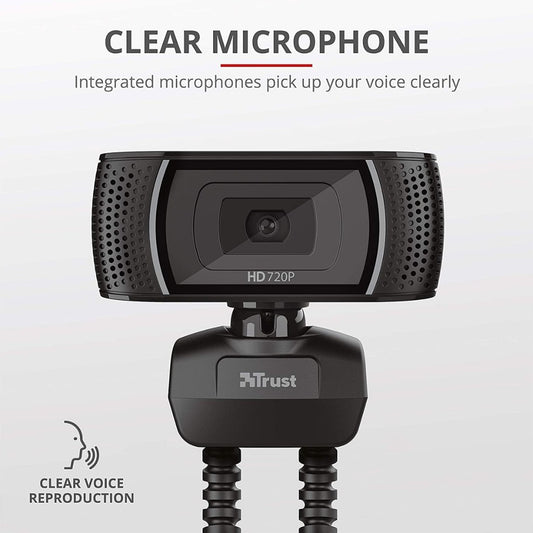 Trust Trino HD Webcam with Microphone, 1280x720, 30 FPS, Universal Stand, USB, Web Camera with Photo Button for Streaming, Video Calling, Skype, Teams, Zoom, PC, Computer, Laptop, Mac - Black