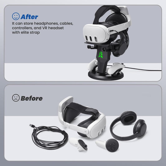 Lampelc Headset Charging Dock, VR Display Stand for Quest 3, Quest 3S, Quest 2, Rift, Rift S, Valve Index Headset, Controllers and VR Accessories, with LED Lights, Type C Charging Port