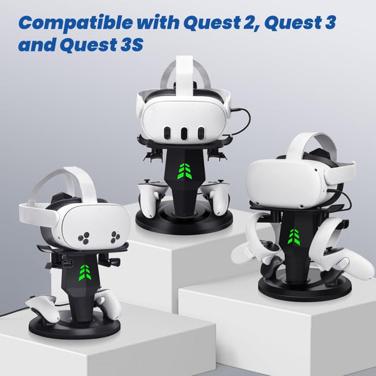 Lampelc Headset Charging Dock, VR Display Stand for Quest 3, Quest 3S, Quest 2, Rift, Rift S, Valve Index Headset, Controllers and VR Accessories, with LED Lights, Type C Charging Port