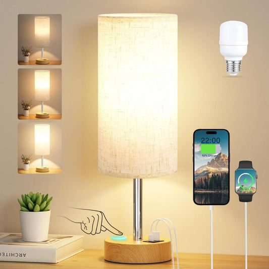 Aooshine Bedside Lamps, Table Lamp for Living Room Bedroom, Touch Lamps Bedside with USB A+C Charging Ports, Dimmable Small Lamp with Fabric Shade for Kids Room, Study, Dorm, Office(Bulb Included)