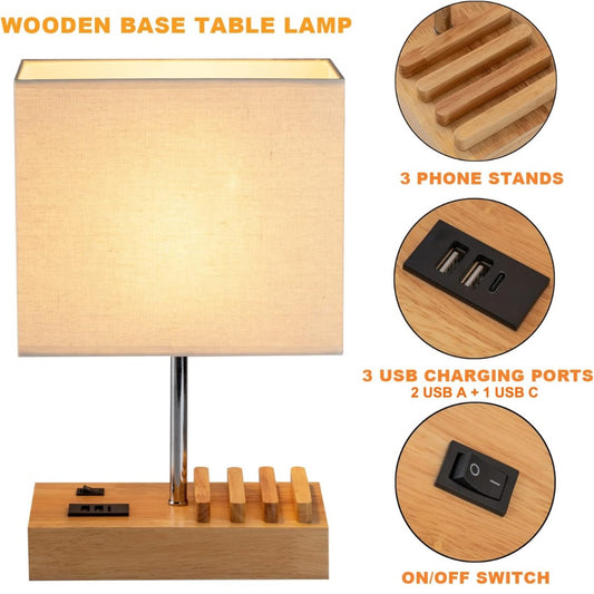 USB Bedside Table Lamp, HHome Plus Desk Lamp with 3 USB Charging Ports and Phone Charge Dock, Wood Charging Station and Organizer, Perfect Light for Bedroom, Guest Room, Living Room, Office