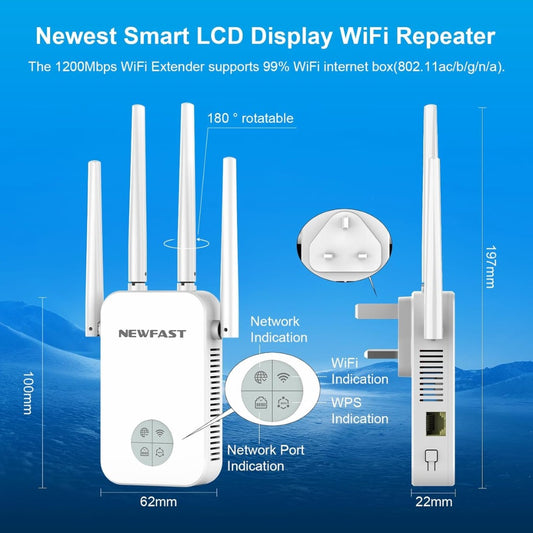 NEWFAST WiFi Booster Range Extender 1200Mbps Dual Band WiFi Extender Booster 5GHz & 2.4GHz, 4x Antennas, Access Point Hotspot with 360° Coverage, Wi-Fi Repeater, UK Plug