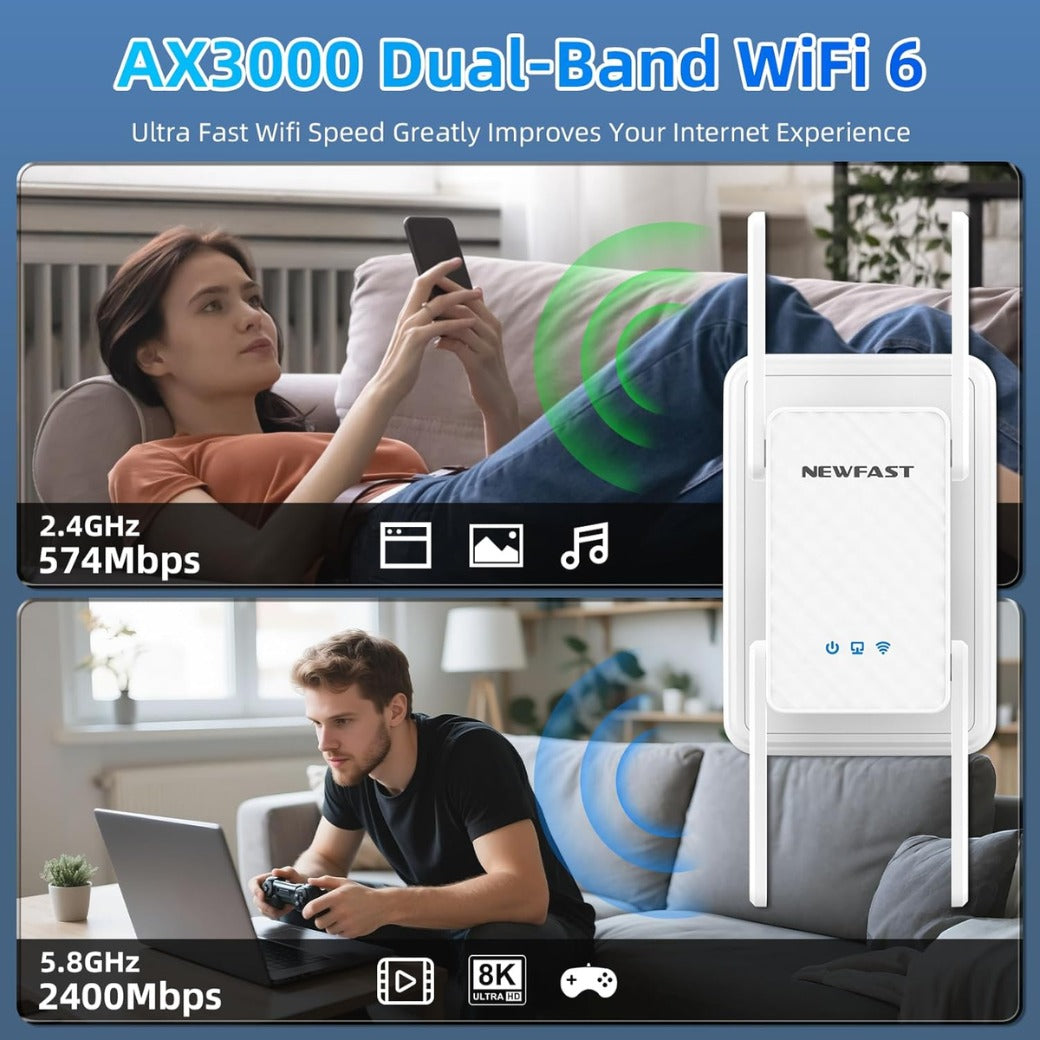NEWFAST AX3000 WiFi6 Range Extender, Broadband Dual Band Wi-Fi Extender WiFi Range Extender WiFi Booster, Gigabit Port, Wi-Fi Booster Range Extender, 5Modes, Works with Any Wifi Router, WPS, UK Plug