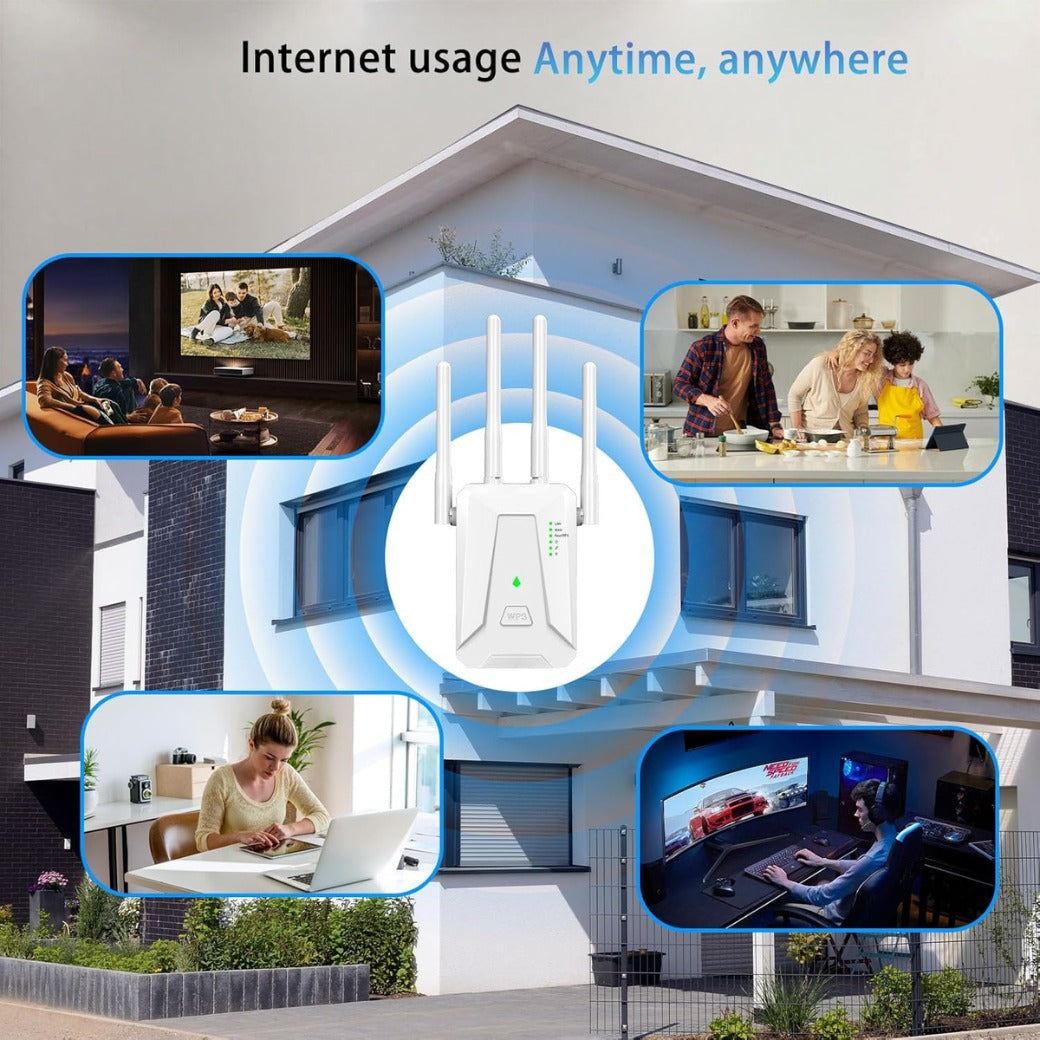 WiFi Extender Booster, Covers Up to 3000 Sq.ft WiFi Booster, 4 Antenna Internet Booster, 2 LAN Ports WiFi Extender, 1-Click Setup, Compatible with All Internet Boxes (4in)