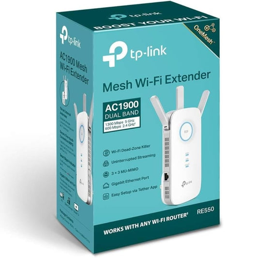 TP-Link RE550 AC1900 WiFi Extender Booster, Dual Band WiFi Booster, 3 Antennas, Gigabit Ethernet Port, Intelligent Monitor, AP Mode, APP Control, Ultimate Compatibility WiFi Mesh, Easy Setup