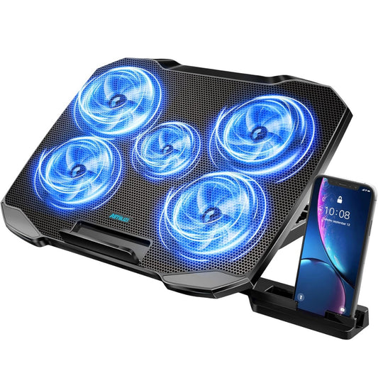 Laptop Cooling Pad, Laptop Cooler for 12-15.6 Inch Notebooks, Laptop Cooling Stand with 5 Quiet Fans, 5 Height Adjustable, 2 USB Ports, Phone Stand (Black)