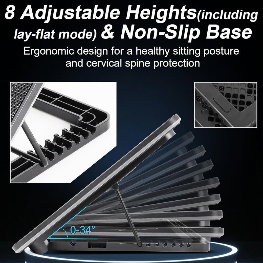 Laptop Cooling Pad, 8-Fan Adjustable Laptop Cooler Quiet with RGB LED Display, 7-Level Height Stand for 12-17 Inch Notebook, Dual USB Ports & Phone Holder, Manual Speed Control