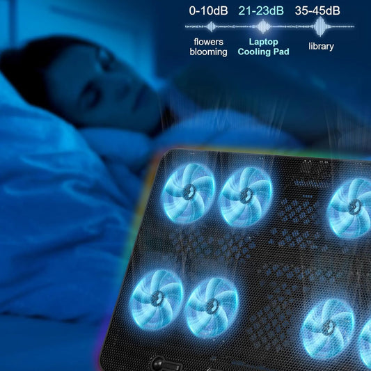 Laptop Cooling Pad, 8-Fan Adjustable Laptop Cooler Quiet with RGB LED Display, 7-Level Height Stand for 12-17 Inch Notebook, Dual USB Ports & Phone Holder, Manual Speed Control