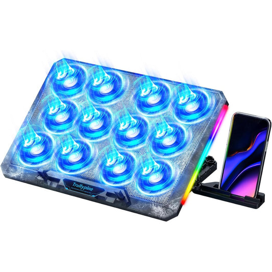 Laptop Cooling Pad, 12 Quiet Fans, Slim Portable for 12-17.3 Inch Laptop Cooler Stand, 5 Height Adjustable, Ergonomic Gaming Cooling Fan Pad, 2 USB Ports & Phone Holder (Gear Version)