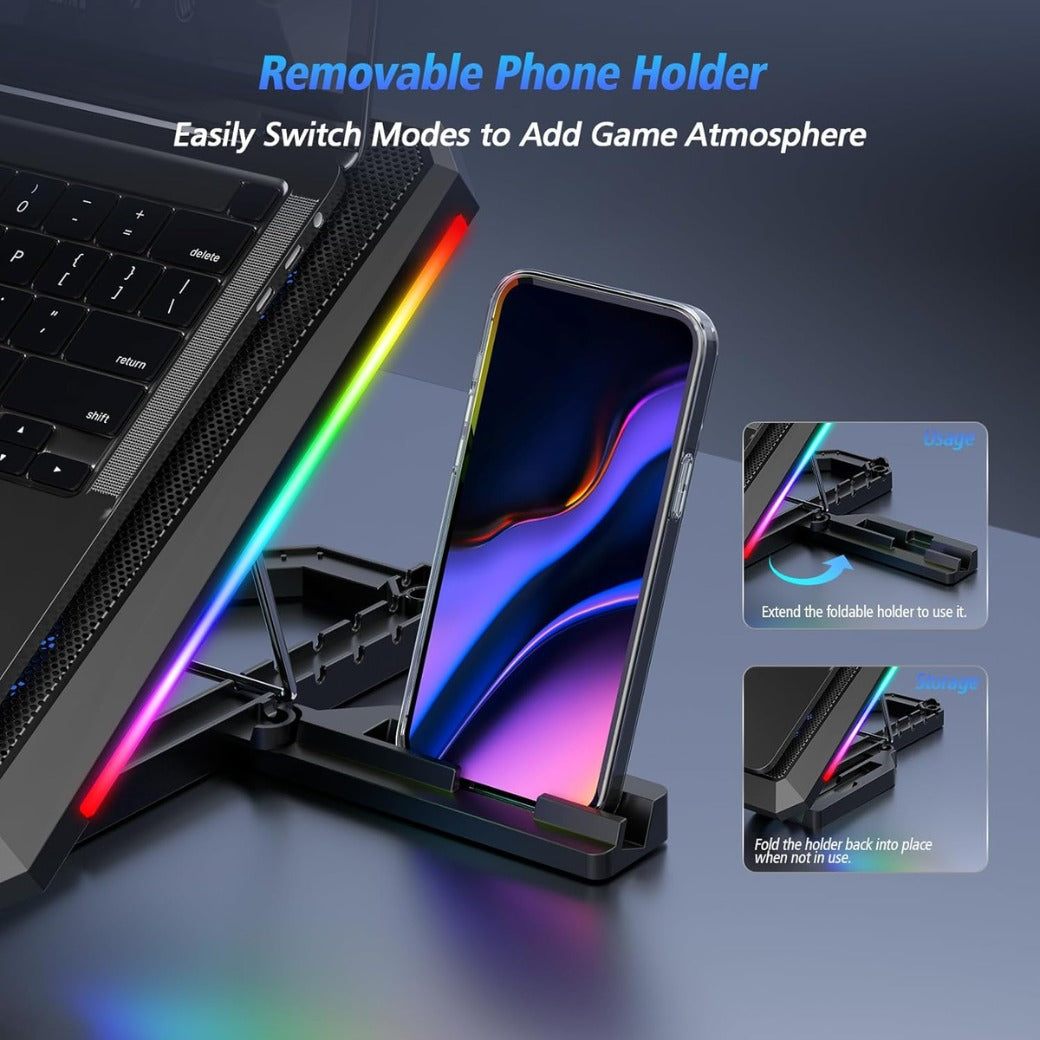 Laptop Cooling Pad, 12 Quiet Fans, Slim Portable for 12-17.3 Inch Laptop Cooler Stand, 5 Height Adjustable, Ergonomic Gaming Cooling Fan Pad, 2 USB Ports & Phone Holder (Gear Version)