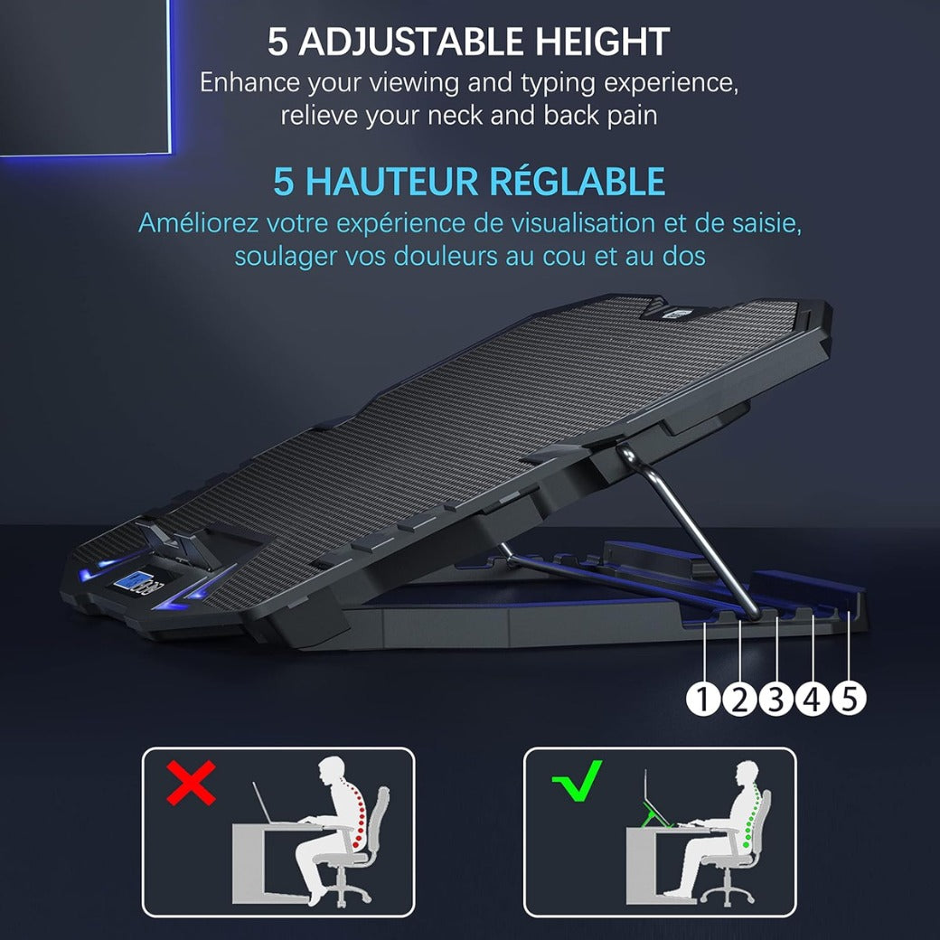 TopMate C5 Laptop Cooling Pad Gaming Notebook Cooler, Laptop Fan Cooling Stand Adjustable Height with 5 Quiet Fans Blue LED Light, Computer Chill Mat with LCD Controller, for 10-15.6 Inch Laptops