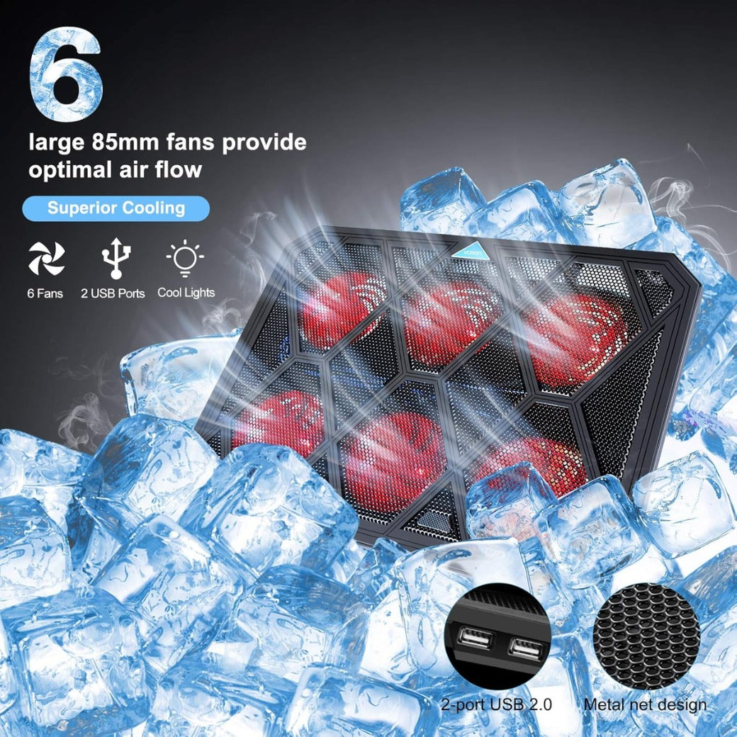 VOXON Laptop Cooling Pad, 12"–19" Laptop Cooler with 6 Quiet Red LED Fans at 1400RPM, 2-Level Adjustable Stand, USB Powered, Extra USB Port, Ultra Slim Laptop Cooling Stand for Gaming and Work