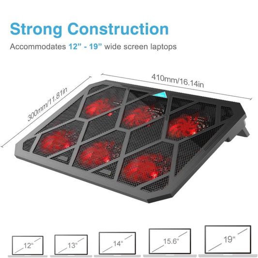VOXON Laptop Cooling Pad, 12"–19" Laptop Cooler with 6 Quiet Red LED Fans at 1400RPM, 2-Level Adjustable Stand, USB Powered, Extra USB Port, Ultra Slim Laptop Cooling Stand for Gaming and Work