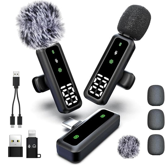 Wireless Lavalier Microphone with LED Display, Lavalier Microphones Clip on Mic With Noise Reduction, for Video Recording, Tiktok, Youtube, Vlog Podcast Content Creator (Shiny black)