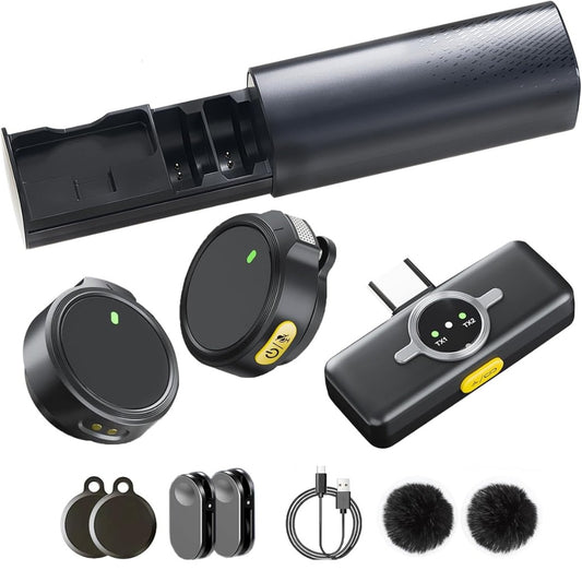 Wireless Lavalier Microphone (2 TX + 1 RX + Charging Case) Lapel Mic for Android/Type-C iPhone15, Noise Reduction, Clip on Mic, Mini Microphone for Video Recording, Vlogging, TikTok, Singing, YouTube