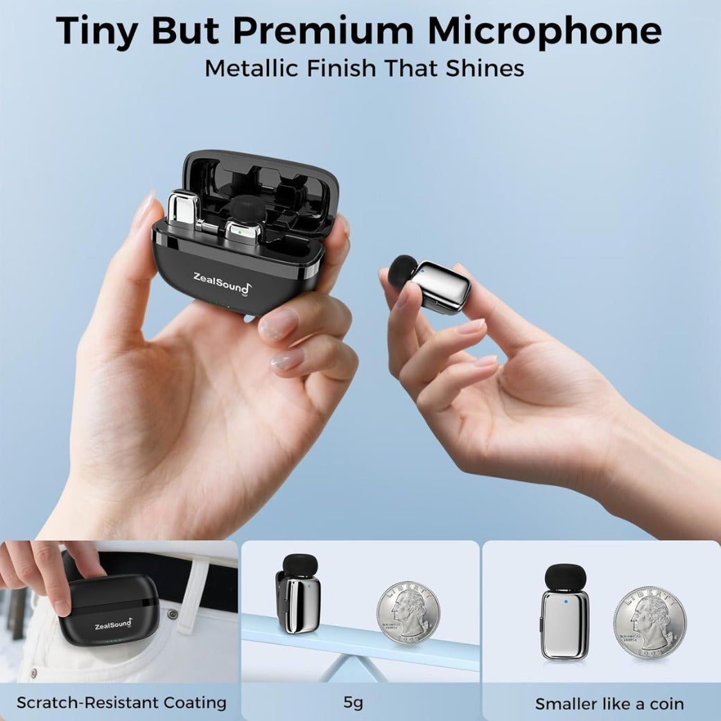 zealsound M6 Mini Wireless Lavalier Microphone for iPhone Android, 5g Lightweight Noise Cancelling Lapel Mic, 100m Range for Streaming, Vlogging, Video Recording, Interviews, Podcasts YouTube, TikTok