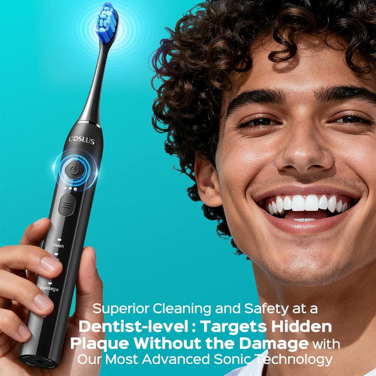 COSLUS Sonic Electric Toothbrush for Adults: Deep Teeth Cleaning & Whitening - 5 Modes & 3 Intensity Levels for Sensitive Teeth & Braces, 2 Types of Brush Heads 2 Hours Fast Charge for Home Family