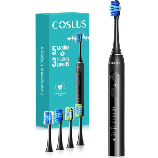 COSLUS Sonic Electric Toothbrush for Adults: Deep Teeth Cleaning & Whitening - 5 Modes & 3 Intensity Levels for Sensitive Teeth & Braces, 2 Types of Brush Heads 2 Hours Fast Charge for Home Family